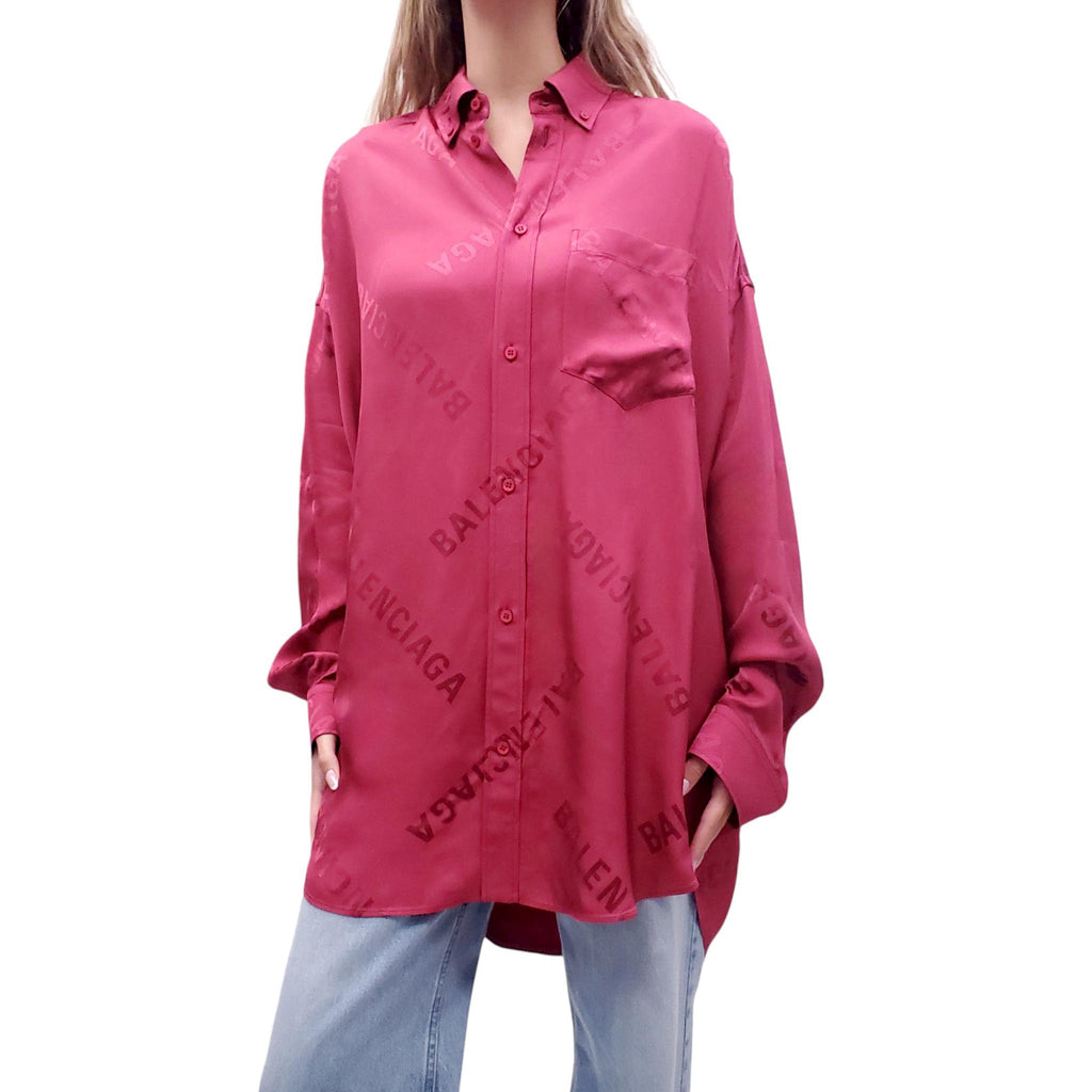 BALENCIAGA OVERSIZED BURGUNDY LOGO PRINT BLOUSE - SIZE S