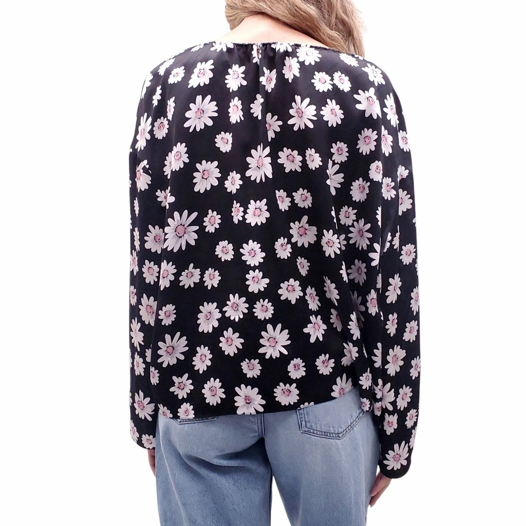BALENCIAGA OVERSIZED BLACK AND PINK FLORAL SILK BLOUSE - SIZE 36