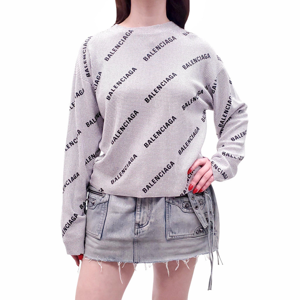 BALENCIAGA SILVER CRYSTAL LOGO BLOUSE - SIZE S