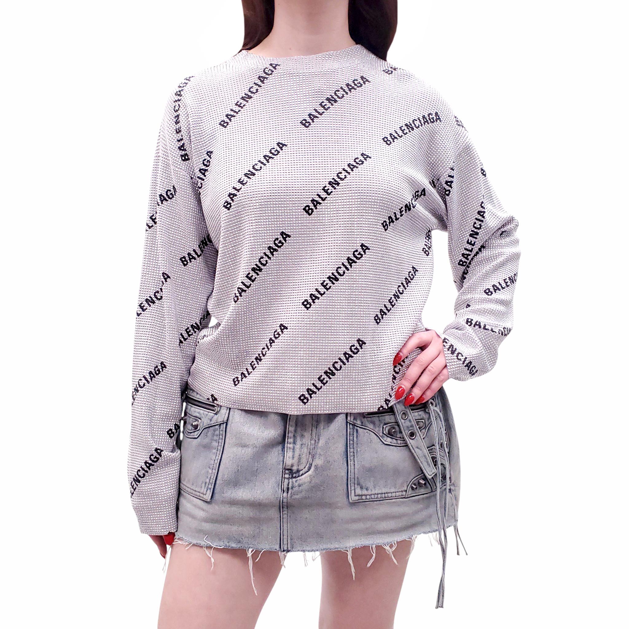 BALENCIAGA SILVER CRYSTAL LOGO BLOUSE - SIZE S
