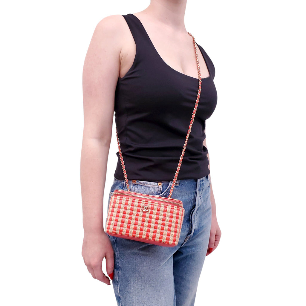 CHANEL RAFFIA STRIPED SMALL VANITY CASE WITH CHAIN