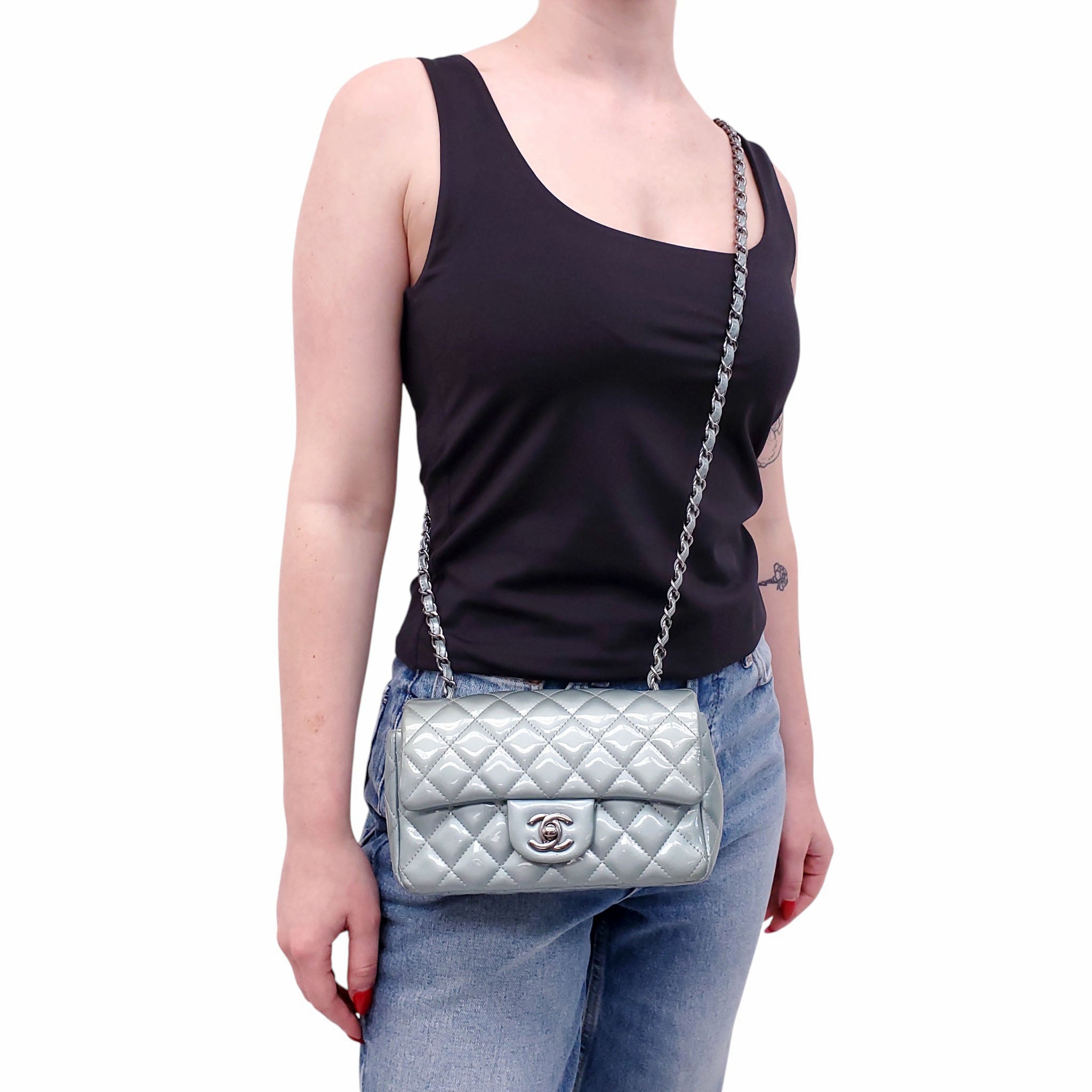 CHANEL METALLIC BLUE PATENT MINI FLAP BAG