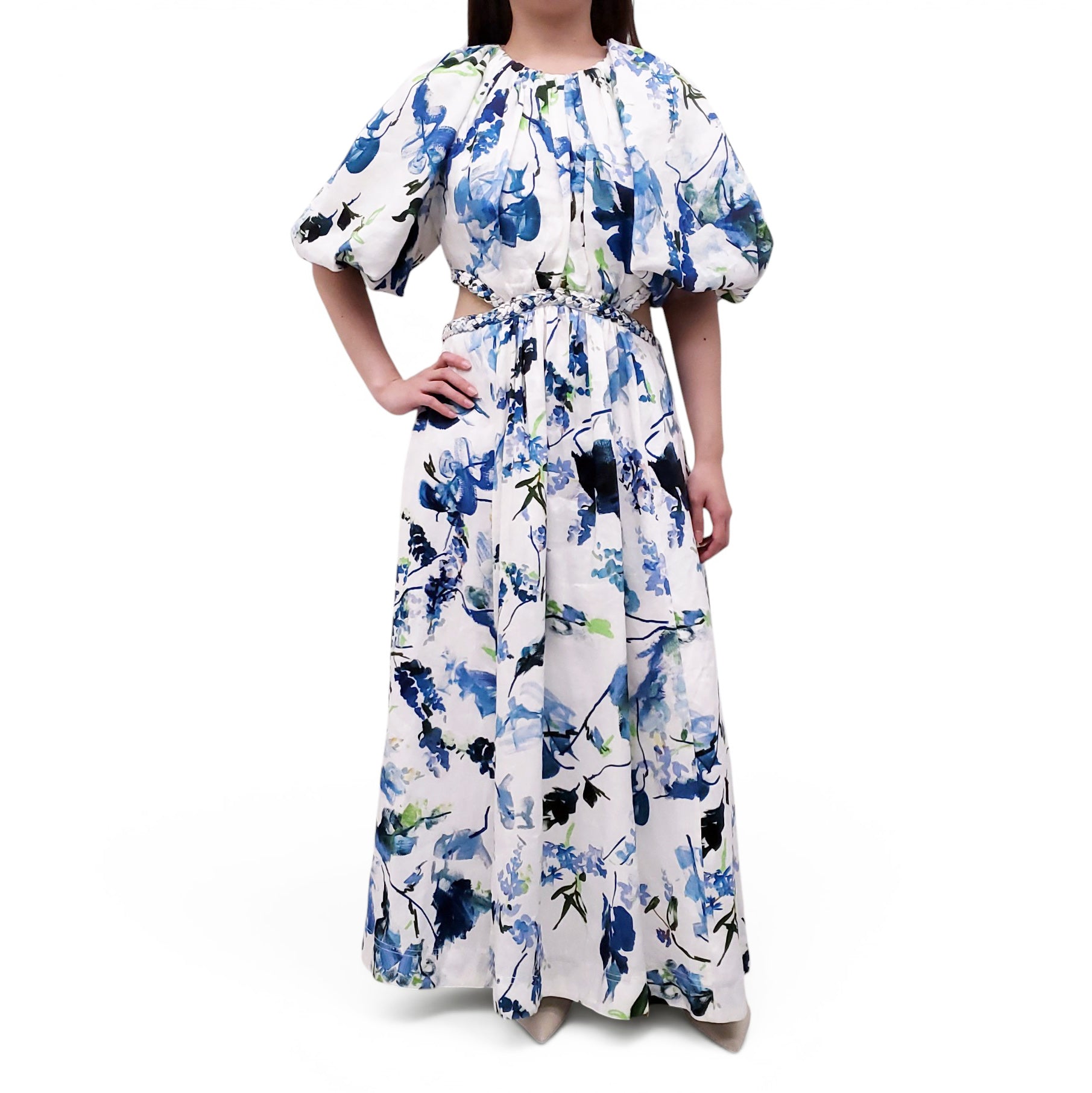 AJE LAVENDER PRINT 'CAPUCINE' PUFF-SLEEVE MIDI DRESS - SIZE US 8