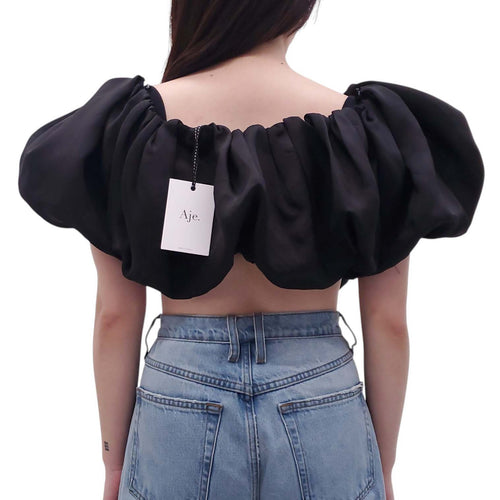 AJE BLACK 'RIVIERA' OFF-THE-SHOULDER SILK TOP - SIZE US 6