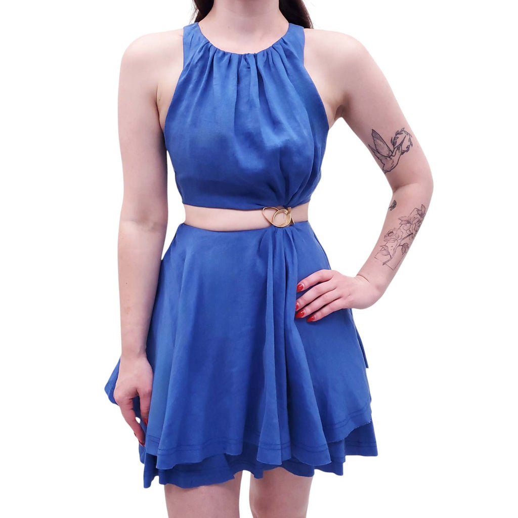 AJE BLUE 'HOLT' CUTOUT MINI DRESS WITH GOLD DETAIL - SIZE US 0