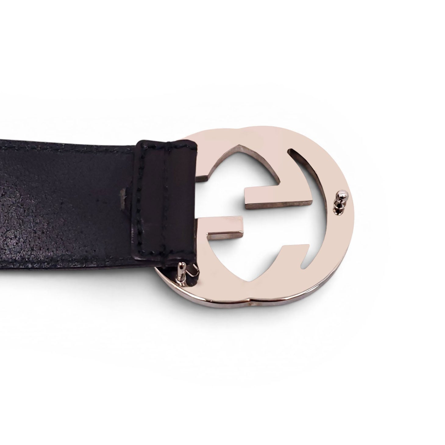 GUCCI BLACK LEATHER BELT WITH SILVER GG LOGO BUCKLE - SIZE 90
