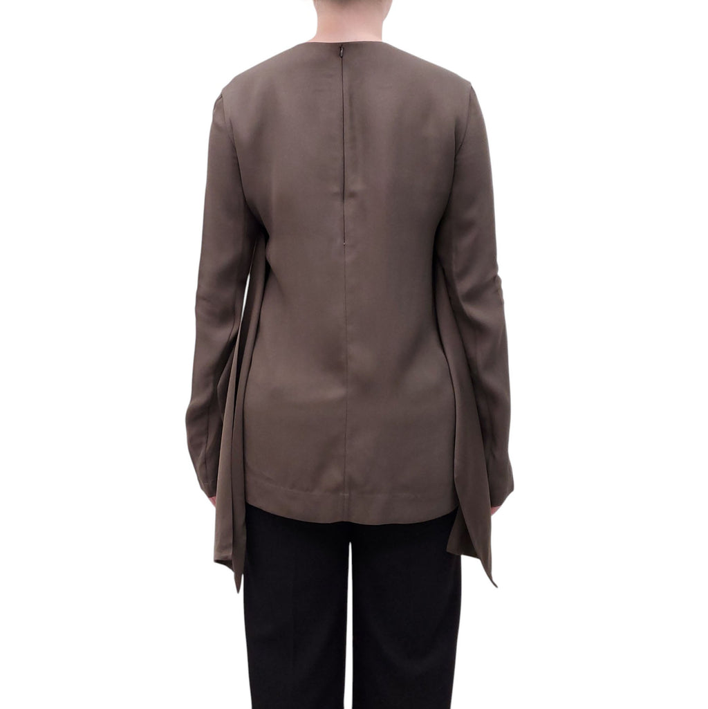 TOTEME KHAKI GREEN SATIN PANELLED CREPE TOP - SIZE 38