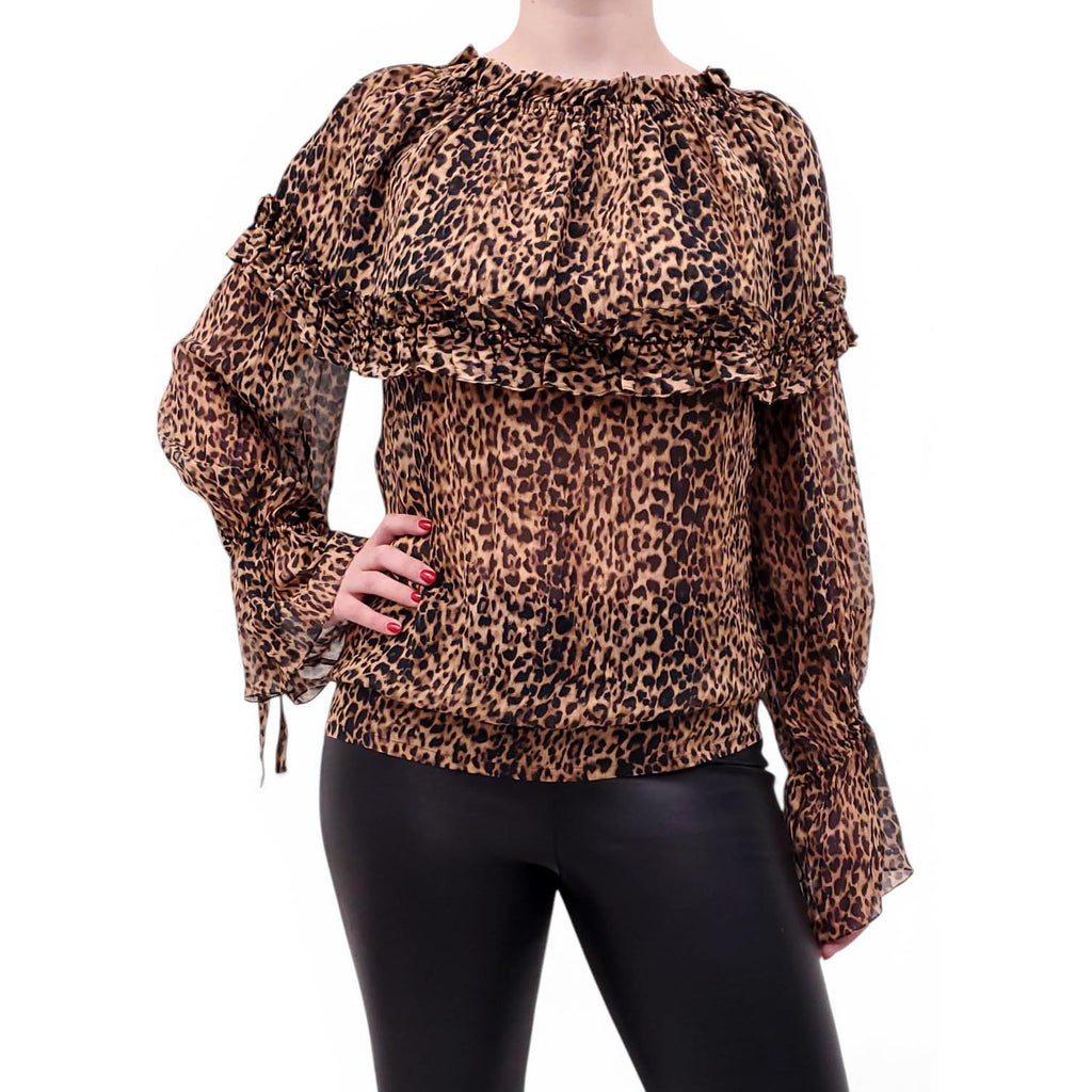 SAINT LAURENT LEOPARD PRINT RUFFLE TOP - SIZE 34