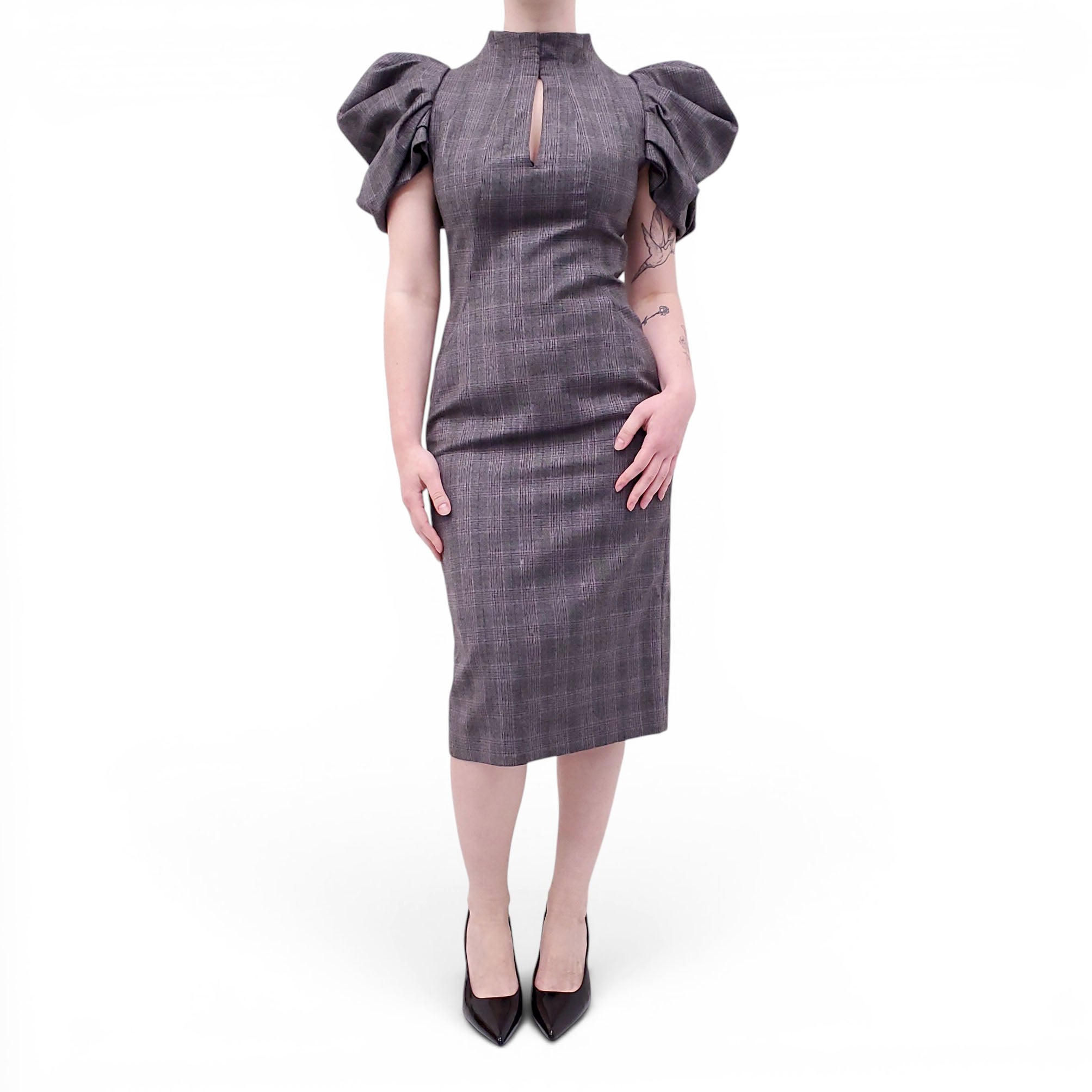ALEXANDER MCQUEEN GREY PLAID DRESS WITH PUFF SLEEVES - SIZE 42