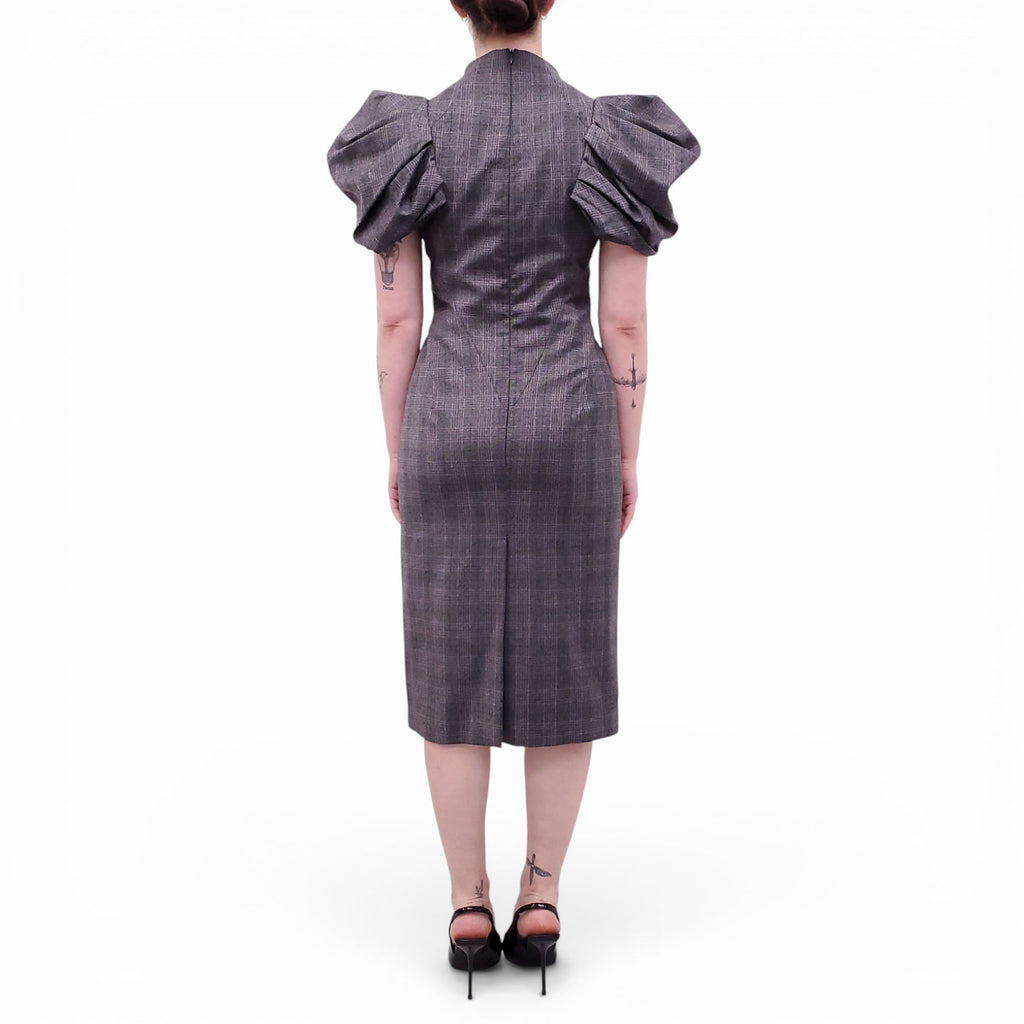 ALEXANDER MCQUEEN GREY PLAID DRESS WITH PUFF SLEEVES - SIZE 42