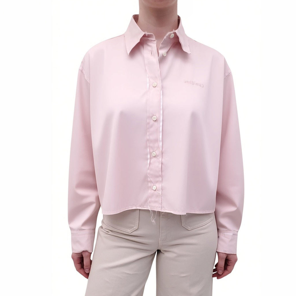 MIU MIU PINK POPLIN CROPPED LOGO SHIRT - SIZE 36