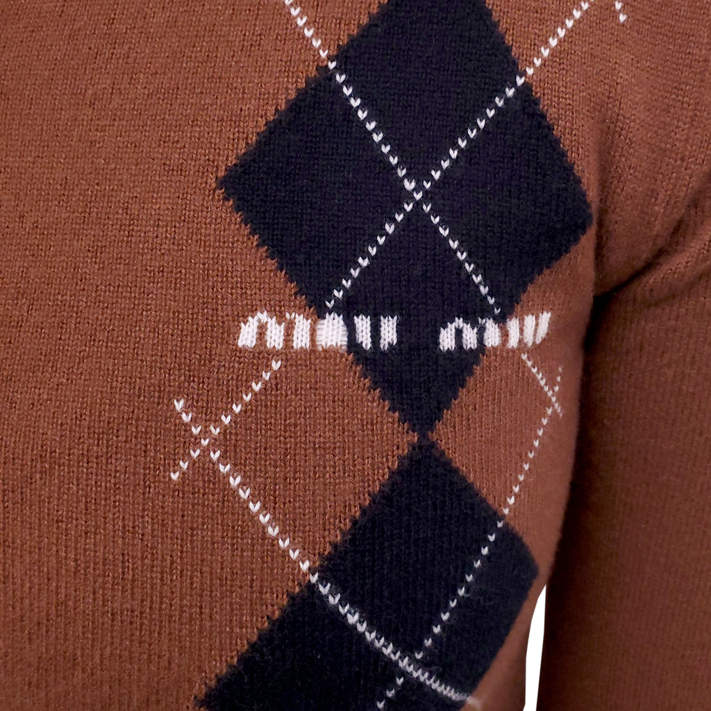 MIU MIU BROWN ARGYLE LOGO CARDIGAN - SIZE 38