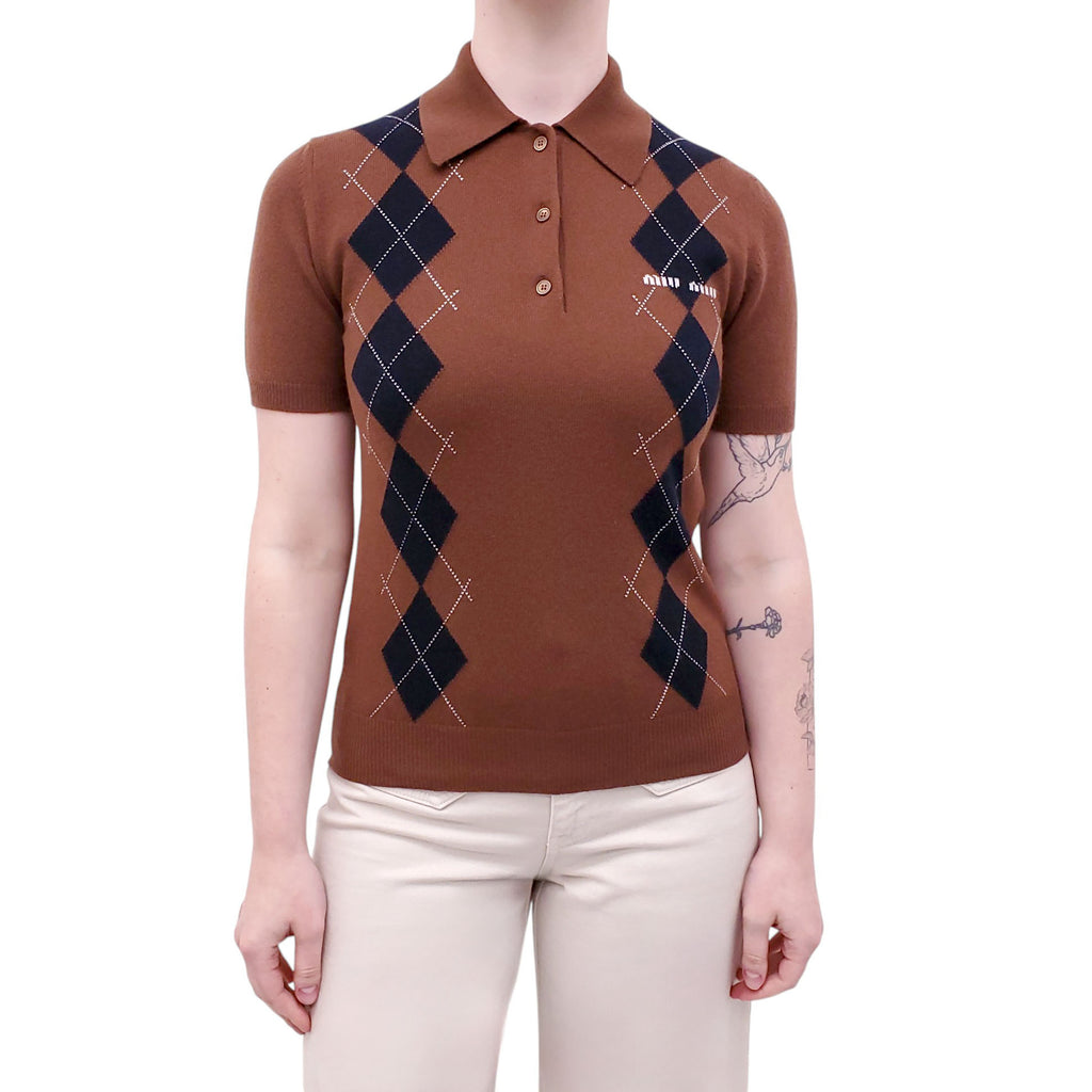 MIU MIU ARGYLE CASHMERE SHORT-SLEEVE POLO SWEATER WITH LOGO - SIZE 38