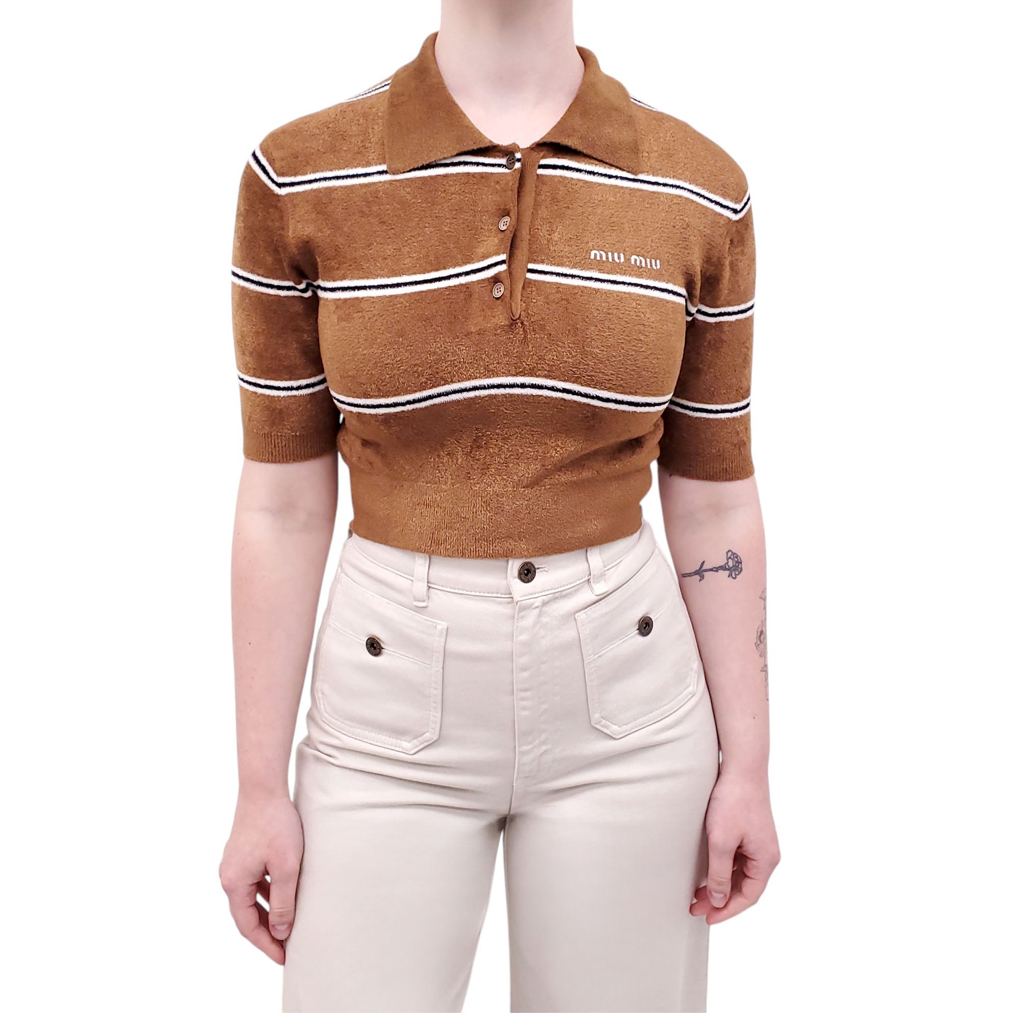 MIU MIU 2025 VISCOSE STRIPED POLO SWEATER WITH LOGO - SIZE 36