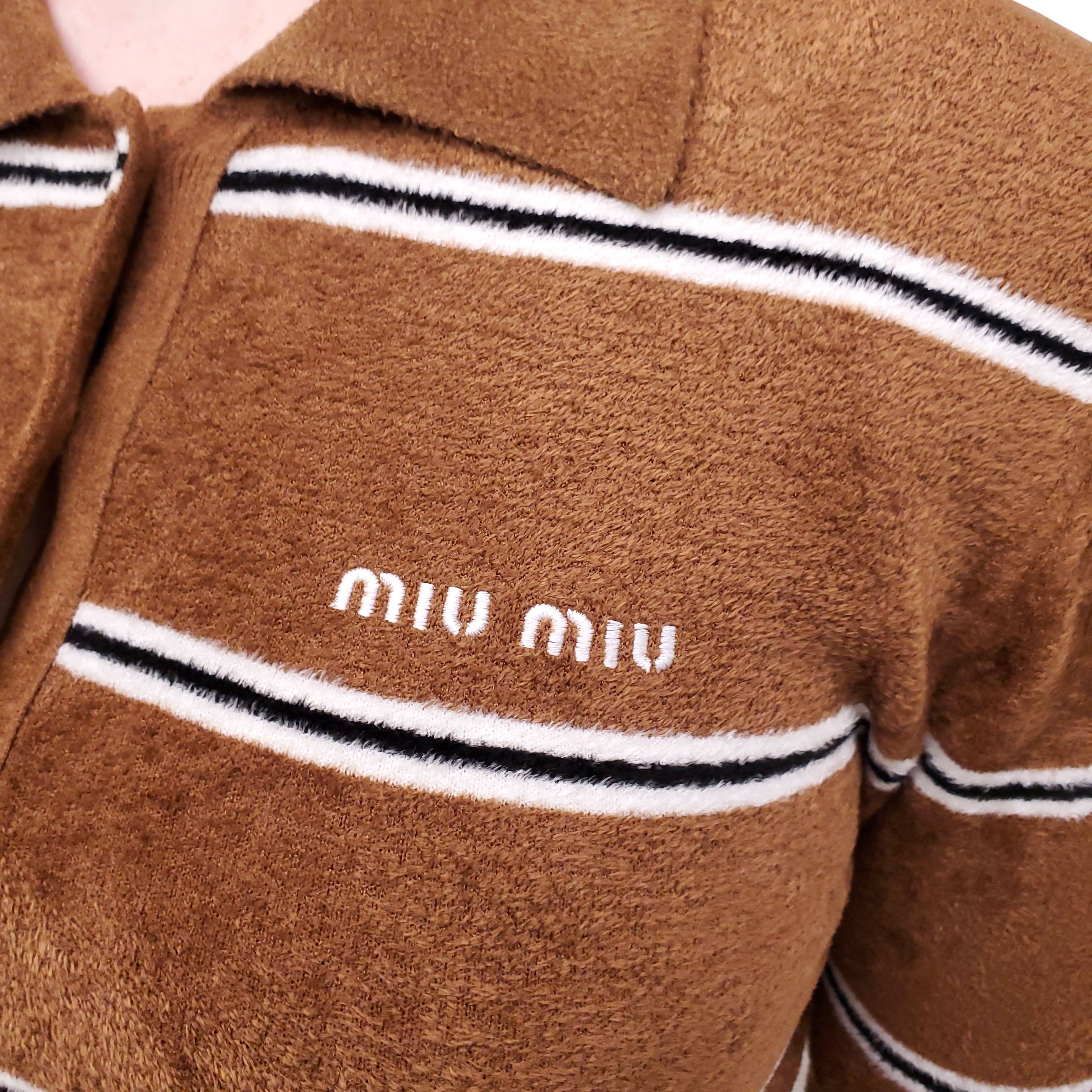 MIU MIU 2025 VISCOSE STRIPED POLO SWEATER WITH LOGO - SIZE 36