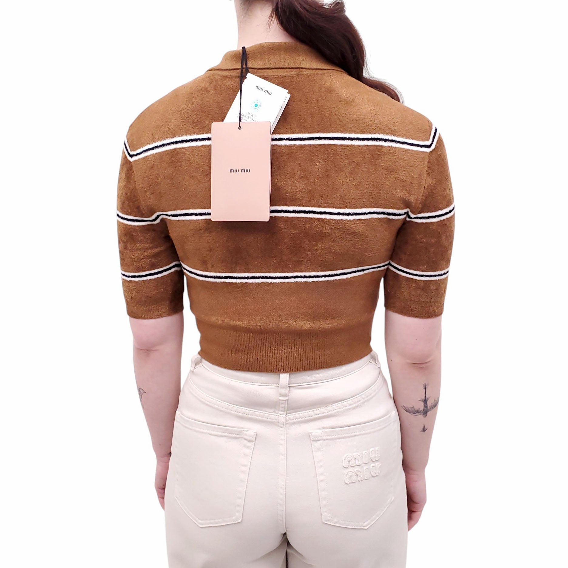 MIU MIU 2025 VISCOSE STRIPED POLO SWEATER WITH LOGO - SIZE 36