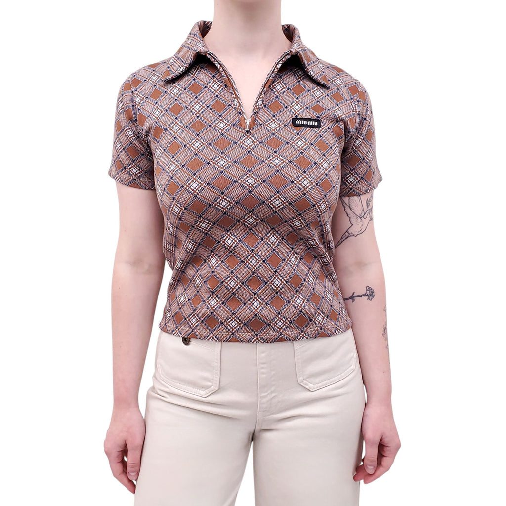MIU MIU SILK ARGYLE POLO WITH ZIPPER DETAIL - SIZE 38