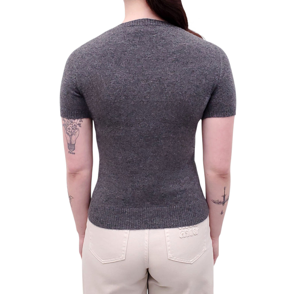 MIU MIU GREY CASHMERE SHORT-SLEEVE LOGO SWEATER - SIZE XS