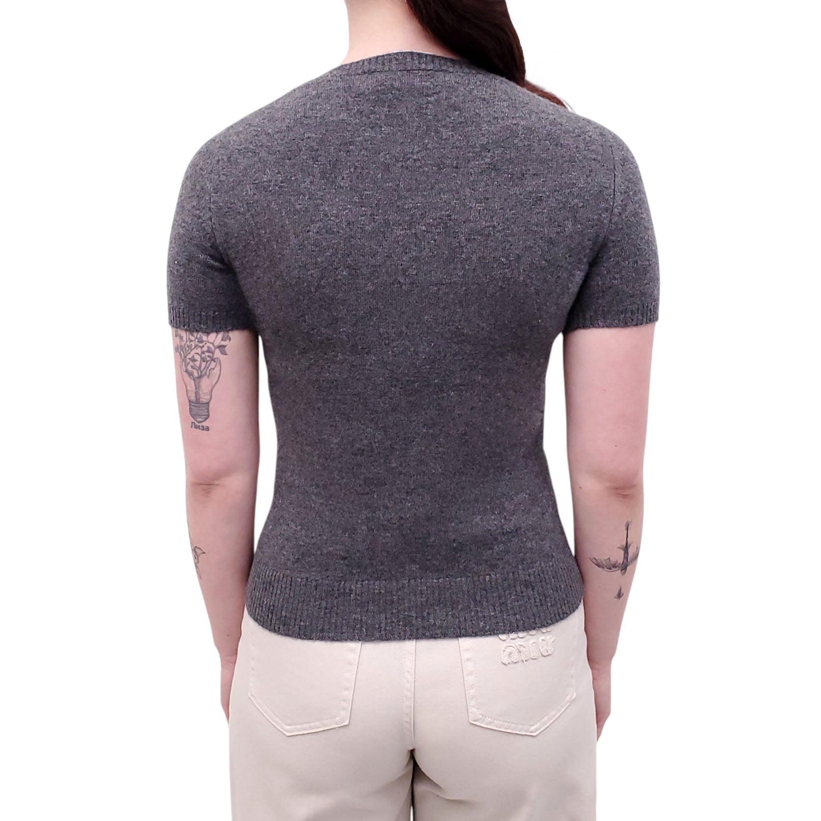 MIU MIU GREY CASHMERE SHORT-SLEEVE LOGO SWEATER - SIZE XS