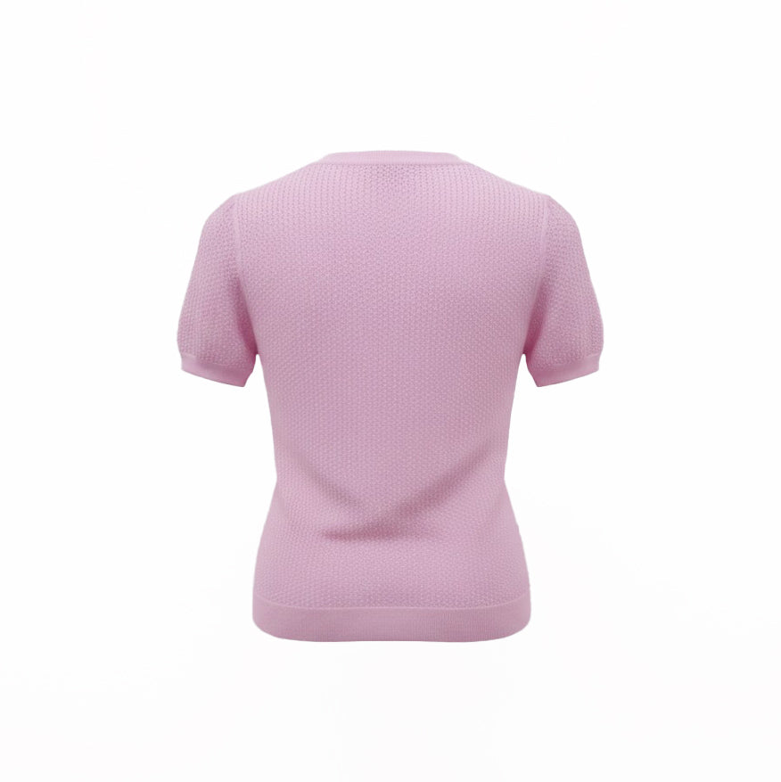 MIU MIU PINK DOTTED KNIT LOGO SHORT-SLEEVE SWEATER - SIZE XS