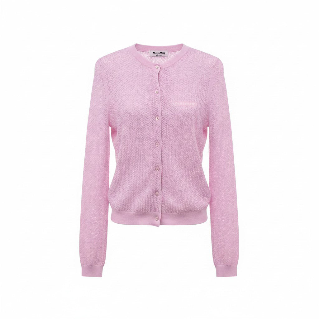 MIU MIU PINK DOTTED KNIT LOGO CARDIGAN - SIZE 38