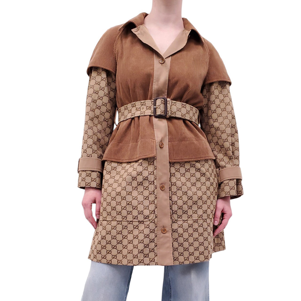 GUCCI MONOGRAM LOGO AND CORDUROY TRENCH COAT - SIZE 34