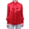 GUCCI RED SILK BLOUSE WITH NECK TIE DETAIL AND LOGO BUTTONS - SIZE 38