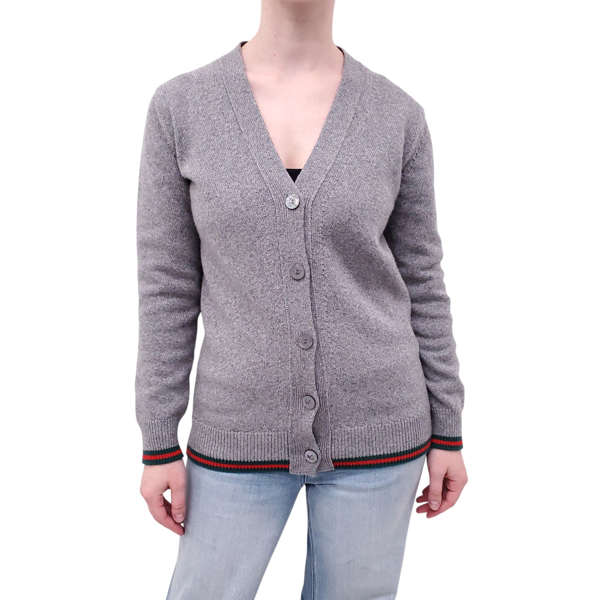 GUCCI GREY CASHMERE BLEND CARDIGAN WITH RED AND GREEN RIBBON DETAIL - SIZE XS