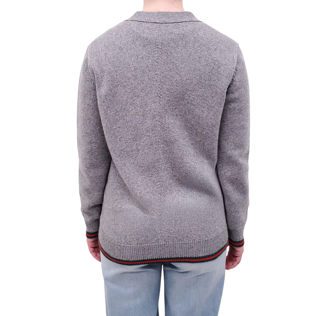 GUCCI GREY CASHMERE BLEND CARDIGAN WITH RED AND GREEN RIBBON DETAIL - SIZE XS
