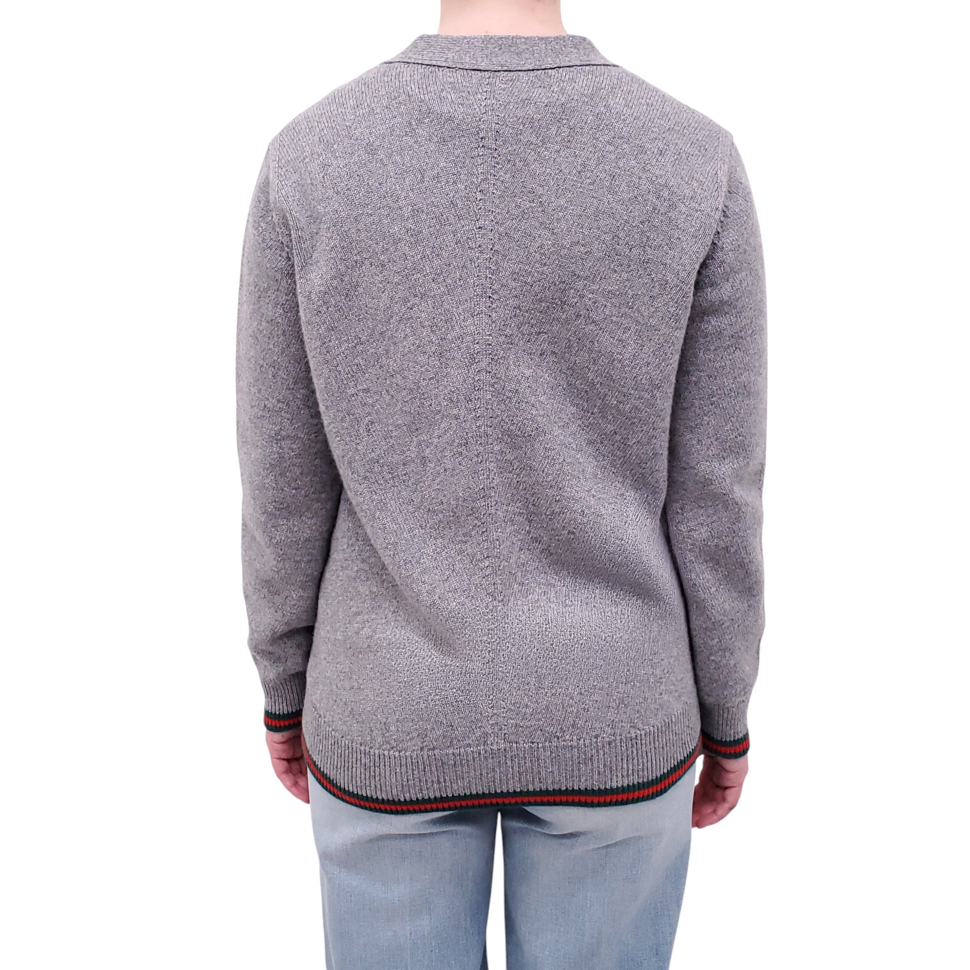 GUCCI GREY CASHMERE BLEND CARDIGAN WITH RED AND GREEN RIBBON DETAIL - SIZE XS
