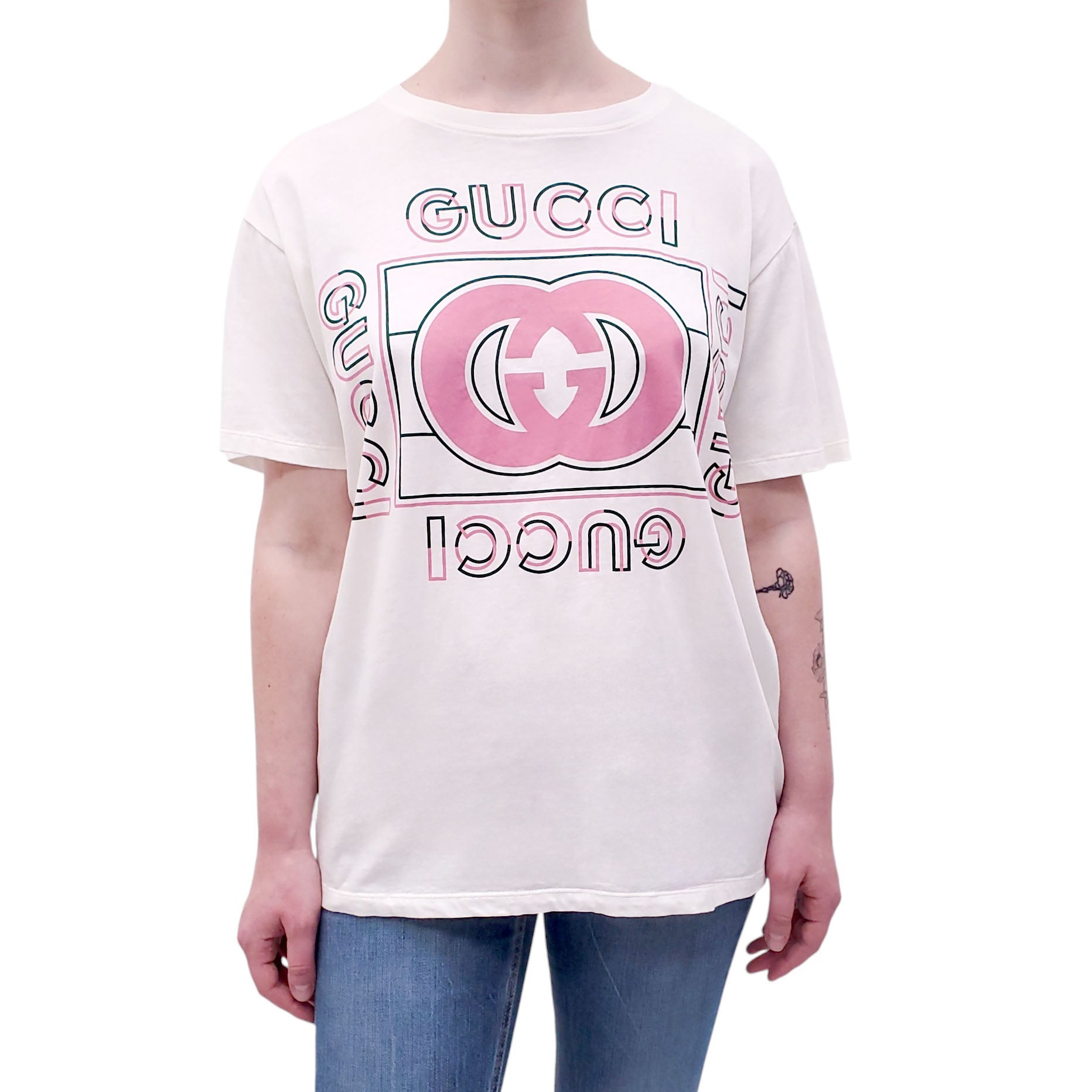 GUCCI WHITE GRAPHIC LOGO T-SHIRT - SIZE S