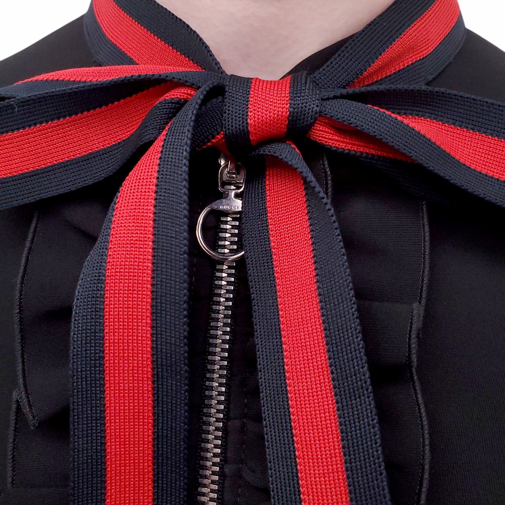 GUCCI BLACK ZIP-UP DRESS WITH RED RIBBON DETAILS - SIZE S