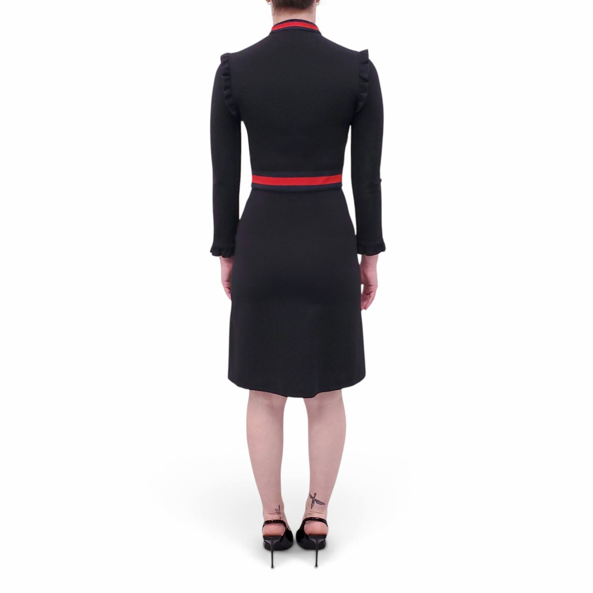 GUCCI BLACK ZIP-UP DRESS WITH RED RIBBON DETAILS