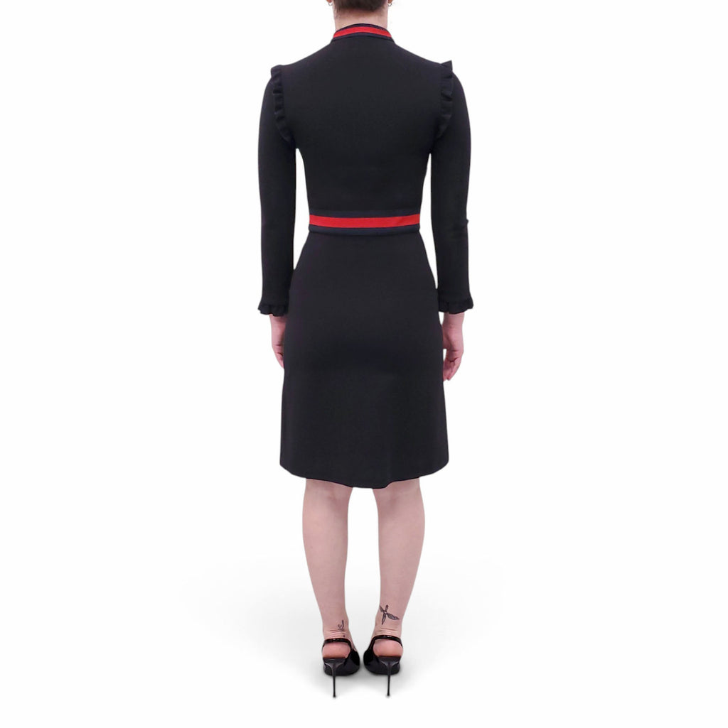 GUCCI BLACK ZIP-UP DRESS WITH RED RIBBON DETAILS - SIZE S