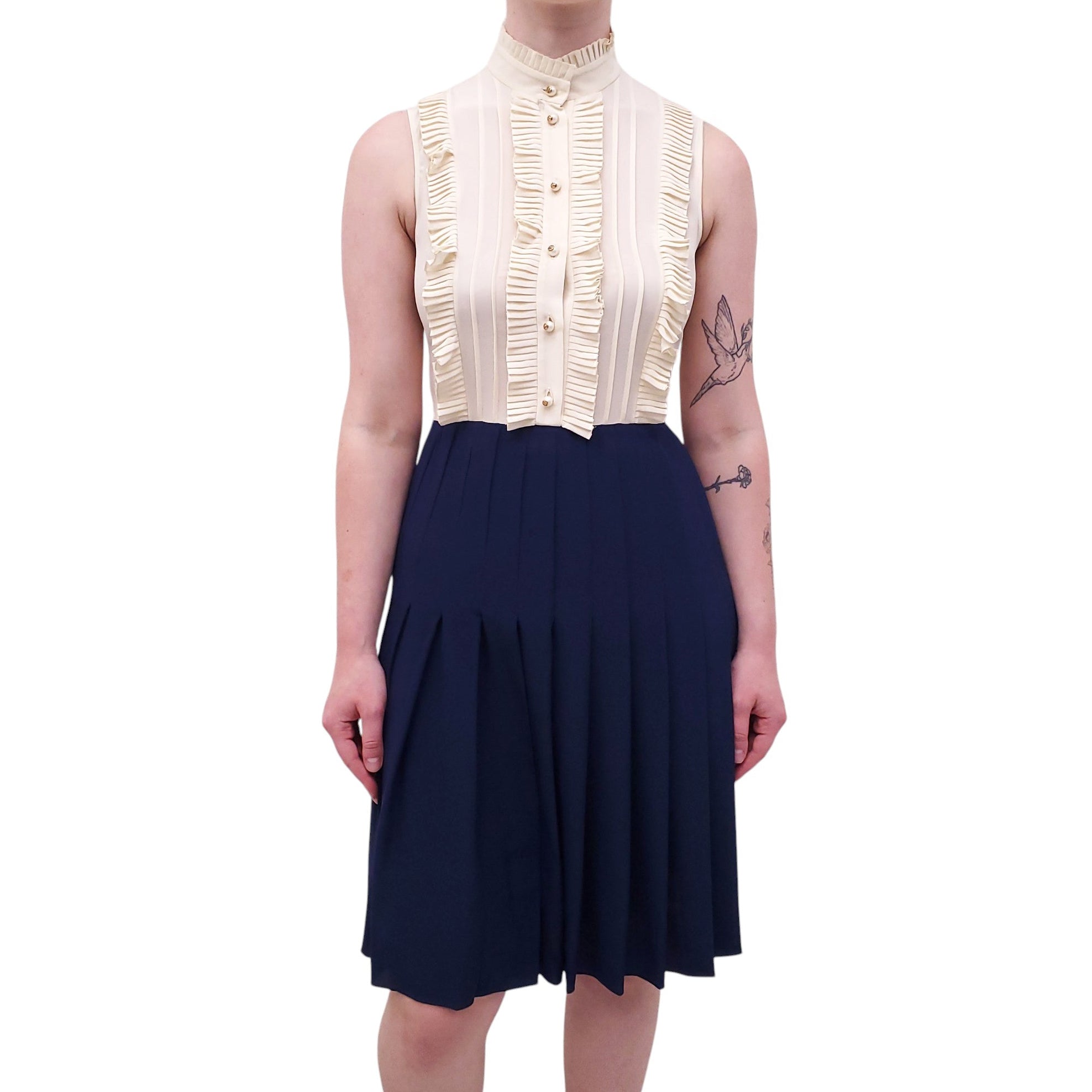 GUCCI CREAM AND NAVY RUFFLE DRESS - SIZE 38