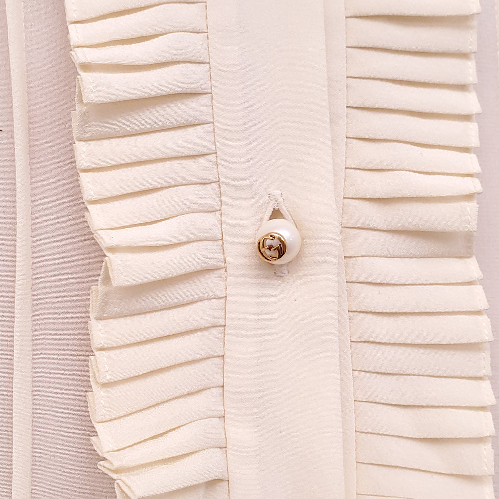 GUCCI CREAM AND NAVY RUFFLE DRESS - SIZE 38