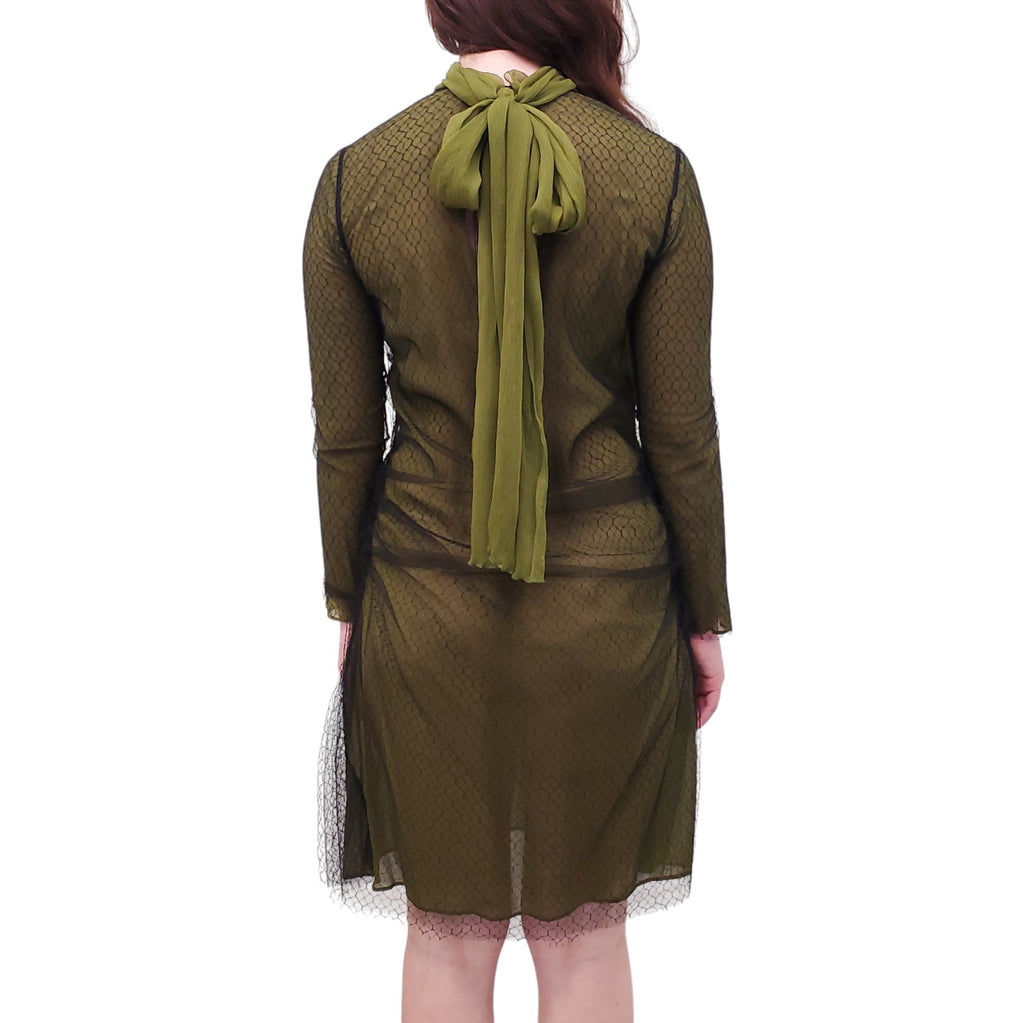 GUCCI RUNWAY GREEN FISHNET MESH DRESS WITH FLORAL DETAIL - SIZE 38