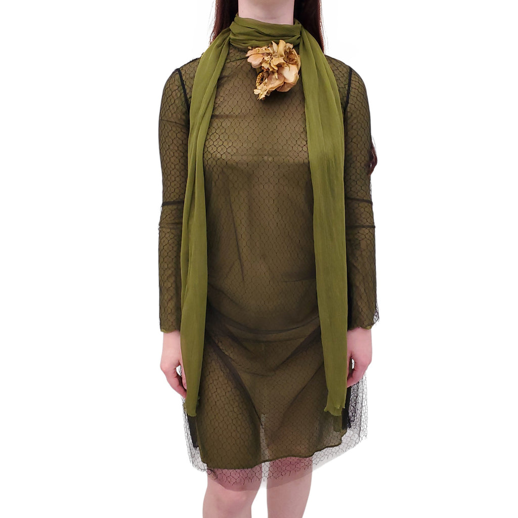 GUCCI RUNWAY GREEN FISHNET MESH DRESS WITH FLORAL DETAIL - SIZE 38