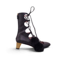 GUCCI BLACK LEATHER BLOCK KITTEN HEELS WITH FUR POM POMS - SIZE 38