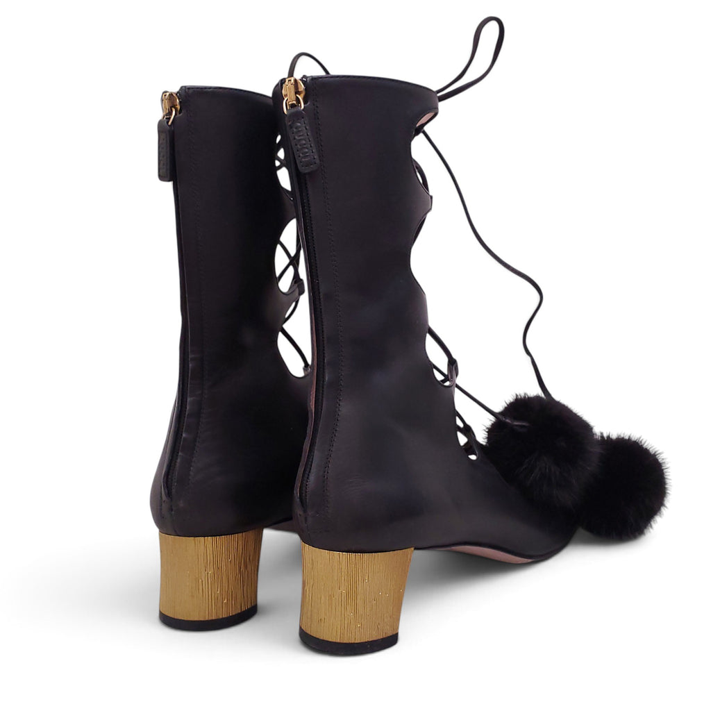 GUCCI BLACK LEATHER BLOCK KITTEN HEELS WITH FUR POM POMS - SIZE 38