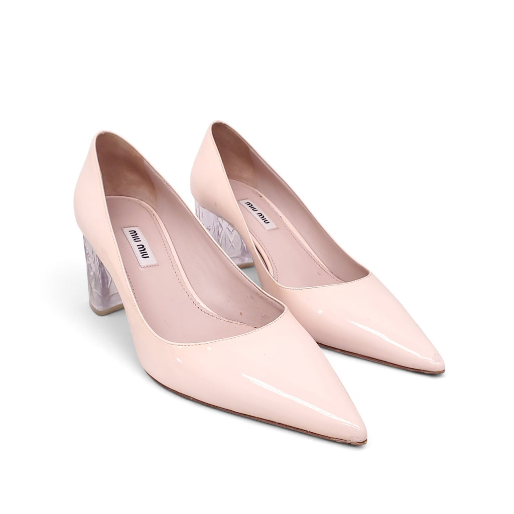 MIU MIU NUDE PATENT CRYSTAL BLOCK HEELS - SIZE 39