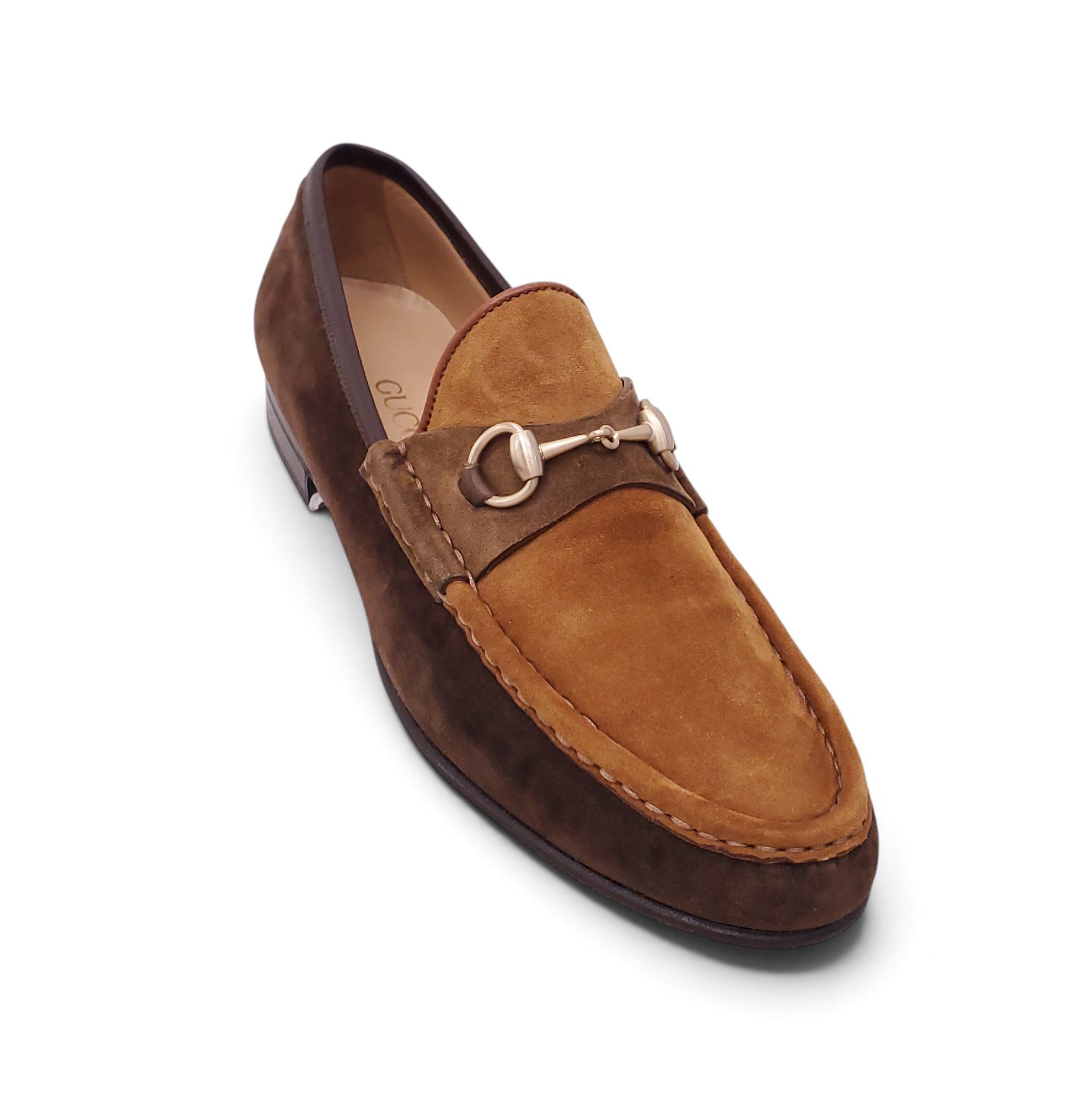 GUCCI TWO-TONE BROWN SUEDE LOAFERS - SIZE 38 B
