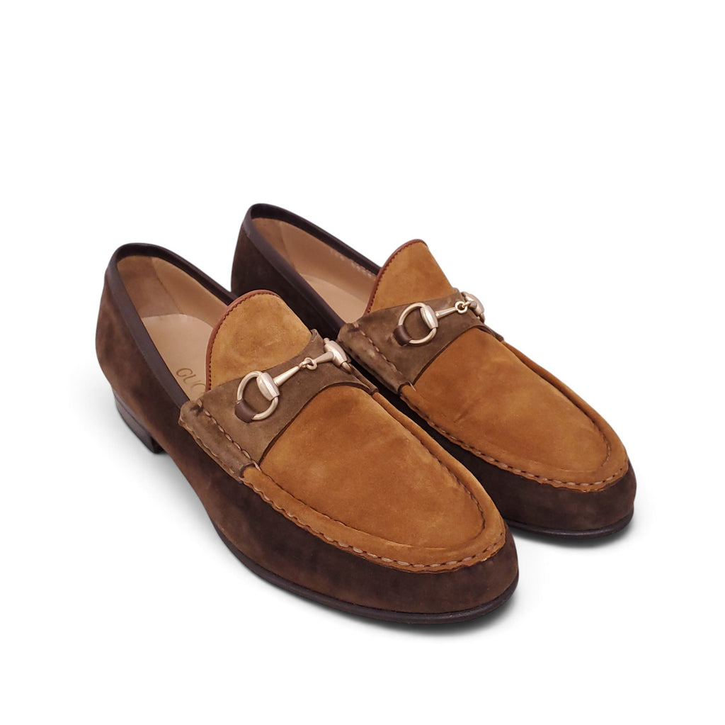 GUCCI TWO-TONE BROWN SUEDE LOAFERS - SIZE 38 B