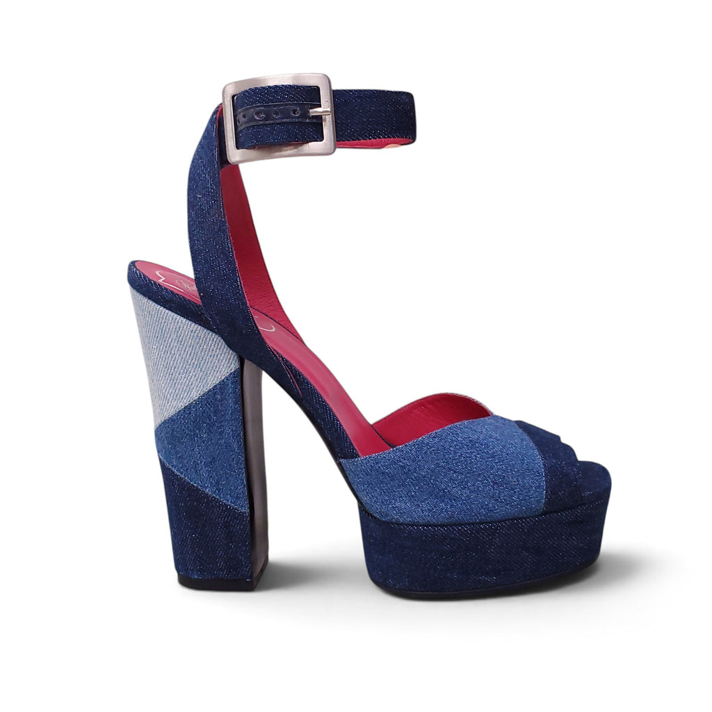 ROGER VIVIER DENIM PLATFORM PEEP TOE HEELS - SIZE 39