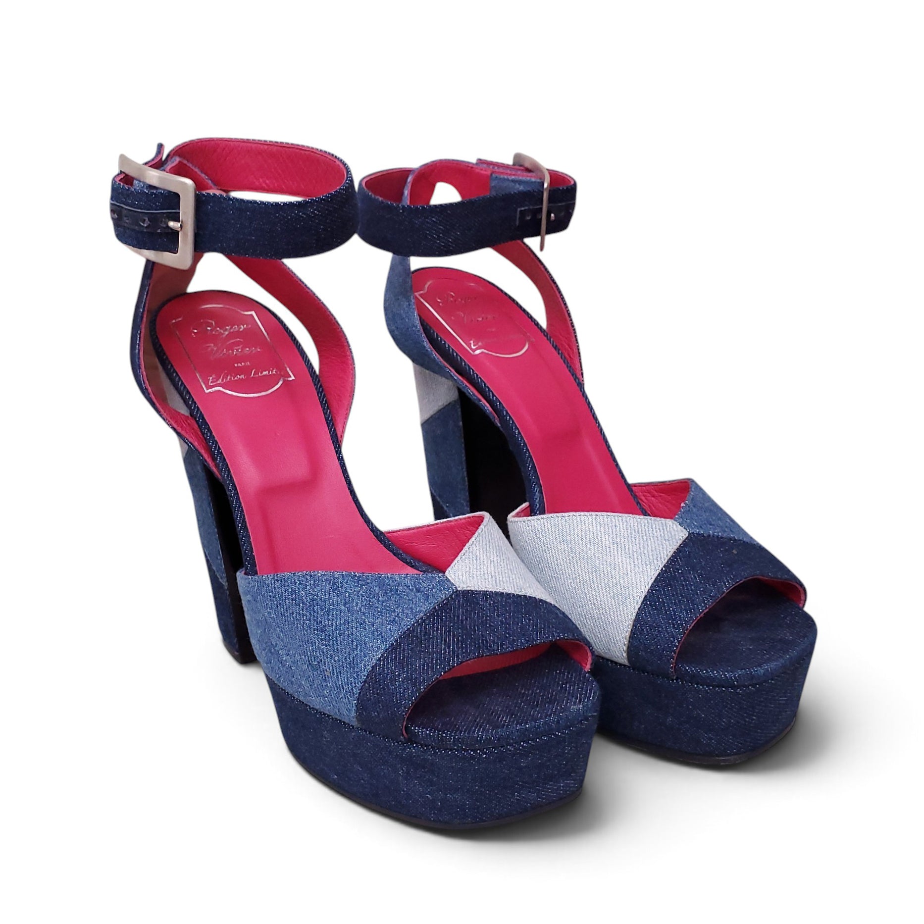 ROGER VIVIER DENIM PLATFORM PEEP TOE HEELS - SIZE 39