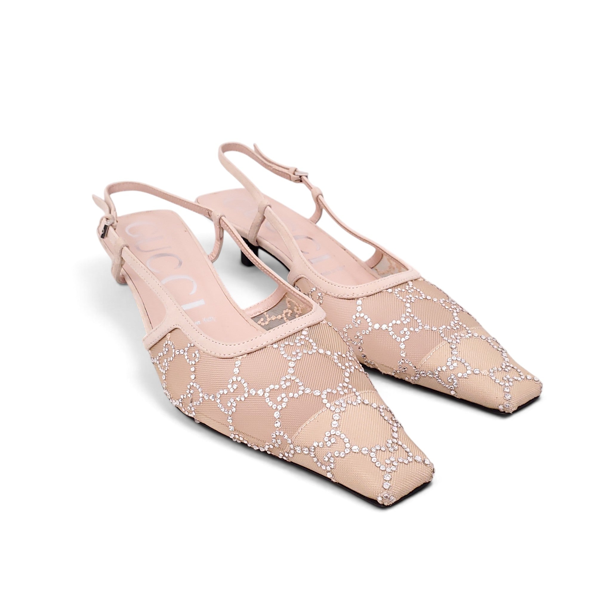 GUCCI NUDE MESH CRYSTAL LOGO KITTEN HEELS - SIZE 39.5