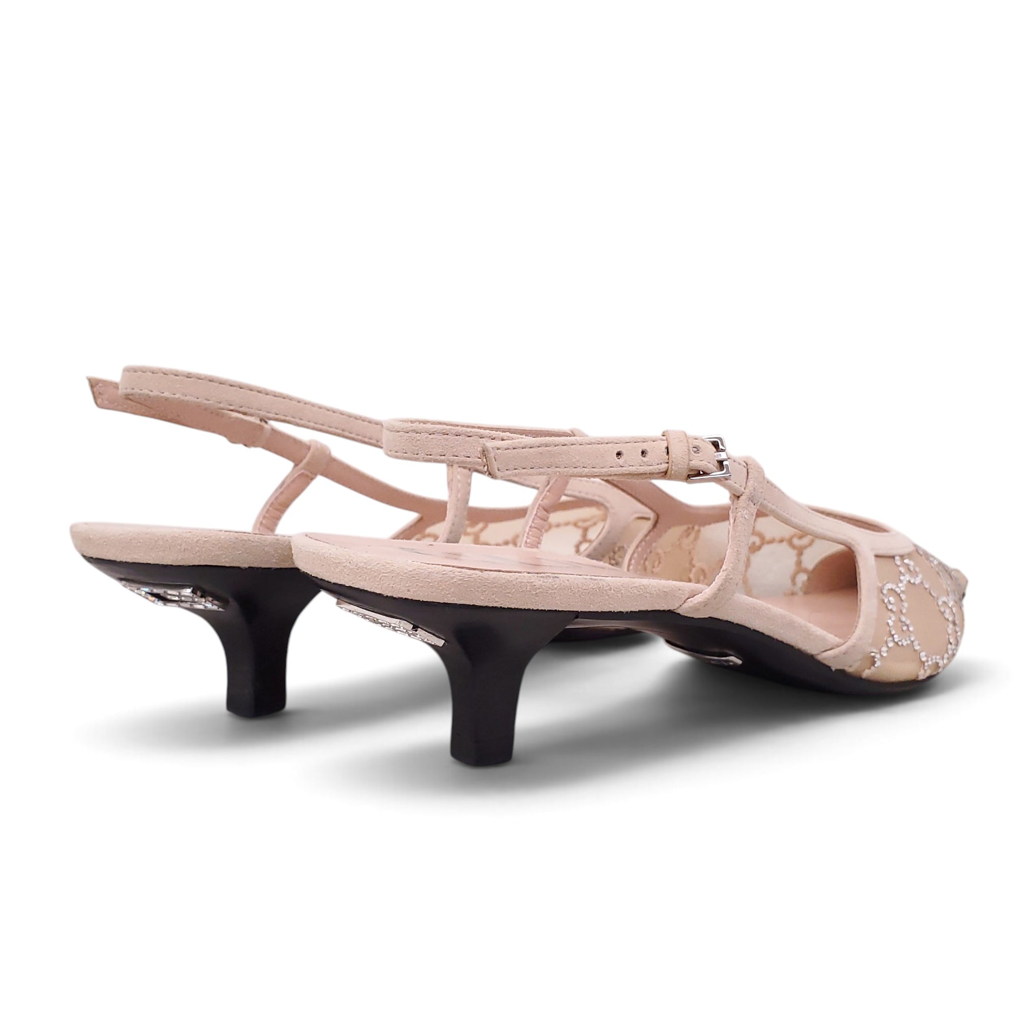 GUCCI NUDE MESH CRYSTAL LOGO KITTEN HEELS - SIZE 39.5