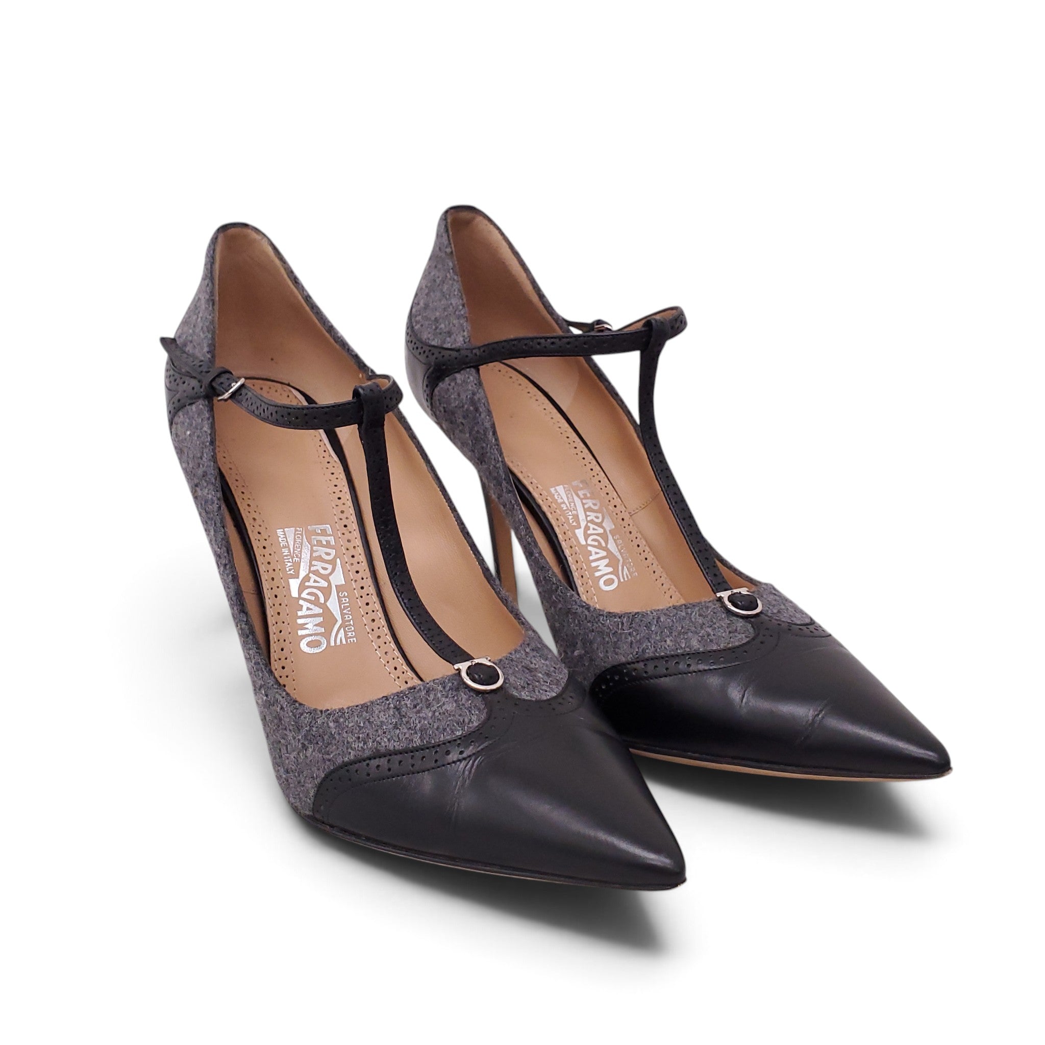 SALVATORE FERRAGAMO GREY AND BLACK OXFORD MARY-JANE HEELS - SIZE 8.5
