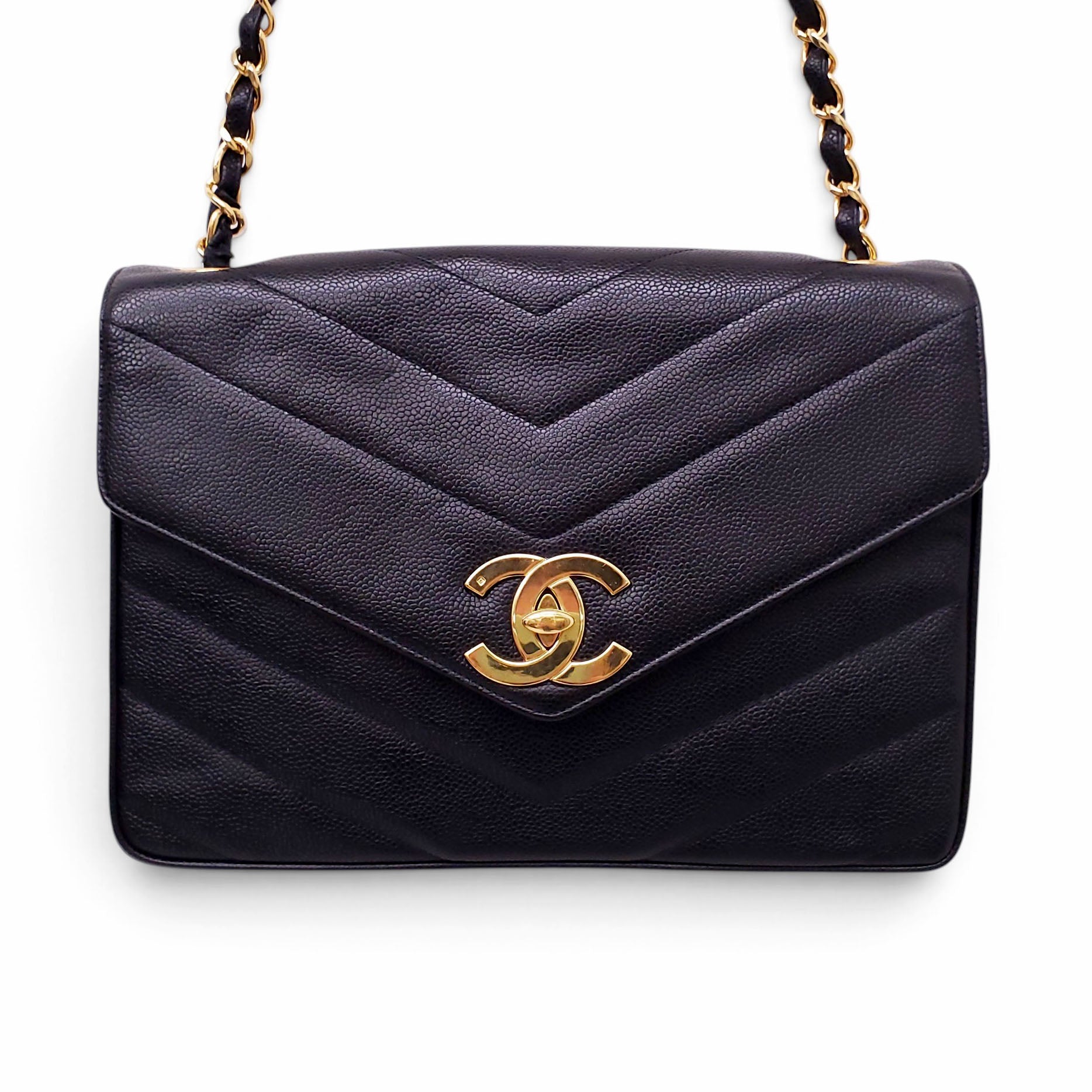CHANEL VINTAGE CAVIAR SHOULDER BAG WITH CC GOLD LOGO