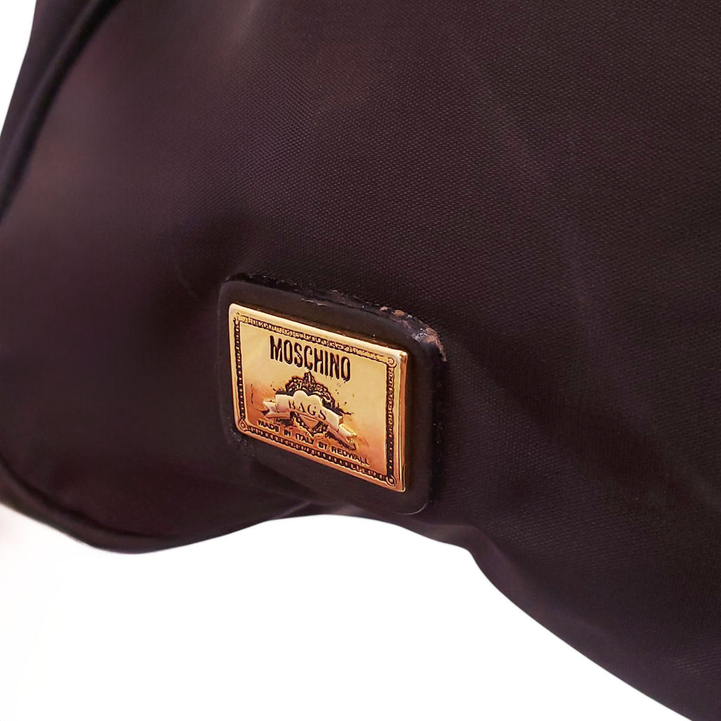 MOSCHINO NYLON LOGO BAG IN BROWN WITH LEATHER STRAP DETAIL